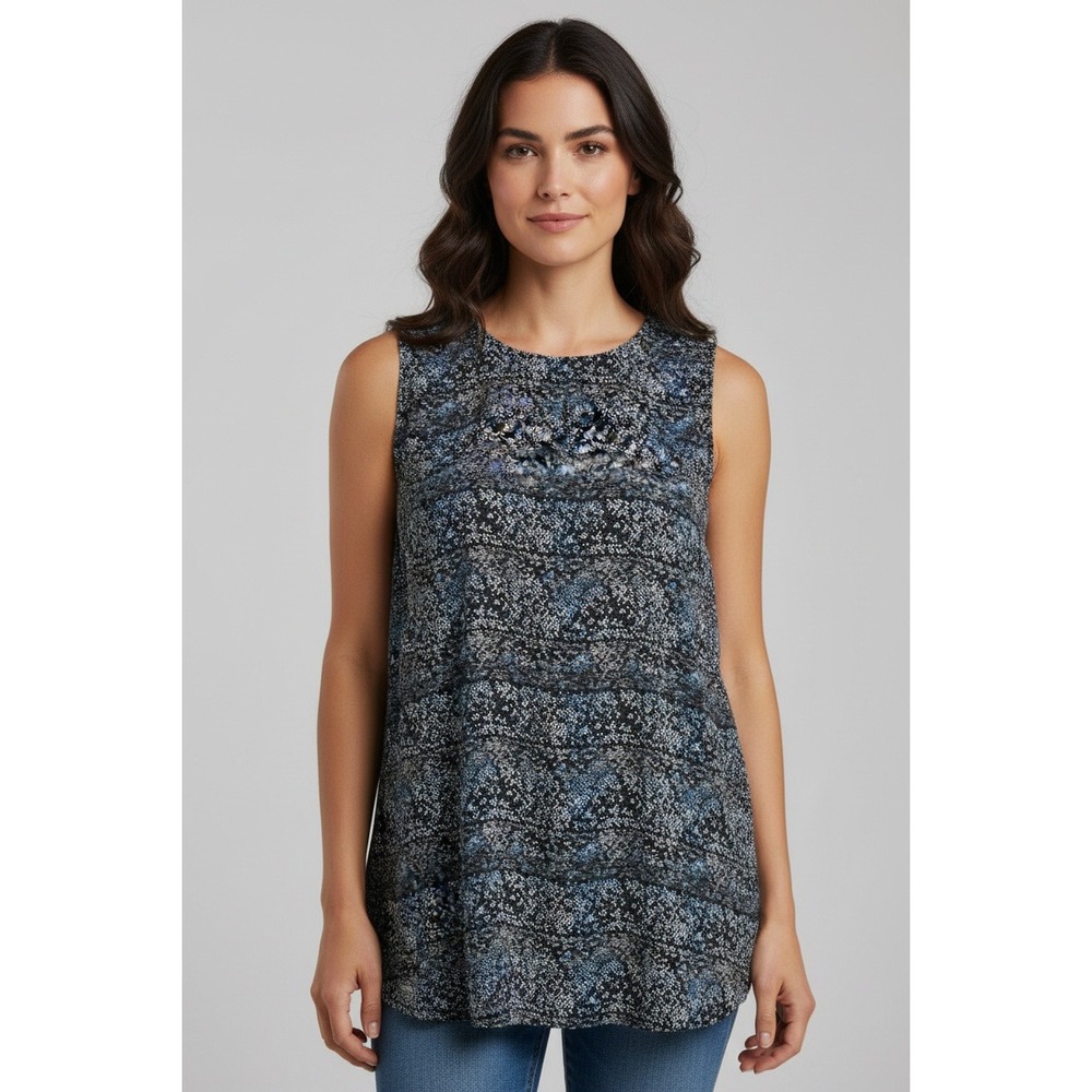 Worthington Blouse Women S Blue Excellent Snakeskin Chain Trim Shell Sleeveless